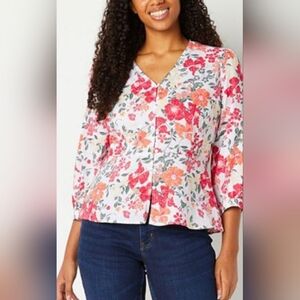 Liz Claiborne‎ Floral V-neck Cotton/Rayon 3/4 Length Sleeve Blouse - Size Med
